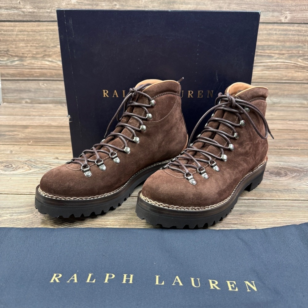Ralph Lauren Mens 10.5 D Darrow Hiking Boots Brown Calf Suede Made in Italy